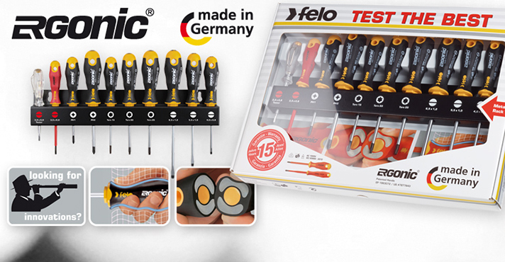 Felo Ergonic XL: Juegos de destornilladores Ergonic con bandeja soporte para taller